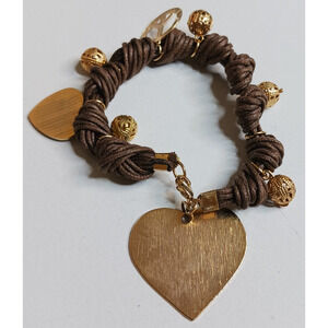 Handcrafted Brown Knotted String Gold Heart Charm Beaded Bracelet Valentines